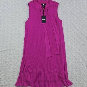 DKNY Size 10 Purple Pink Pleated Sleeveless Tie Neck Stretch Evening Shift Dress